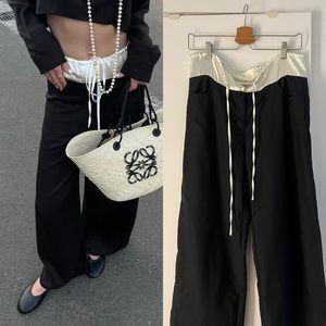 Drawstring suit wide leg pants black with waist in satin white